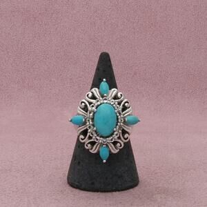 sterling silver turquoise & white topaz halo cocktail ring size 8
